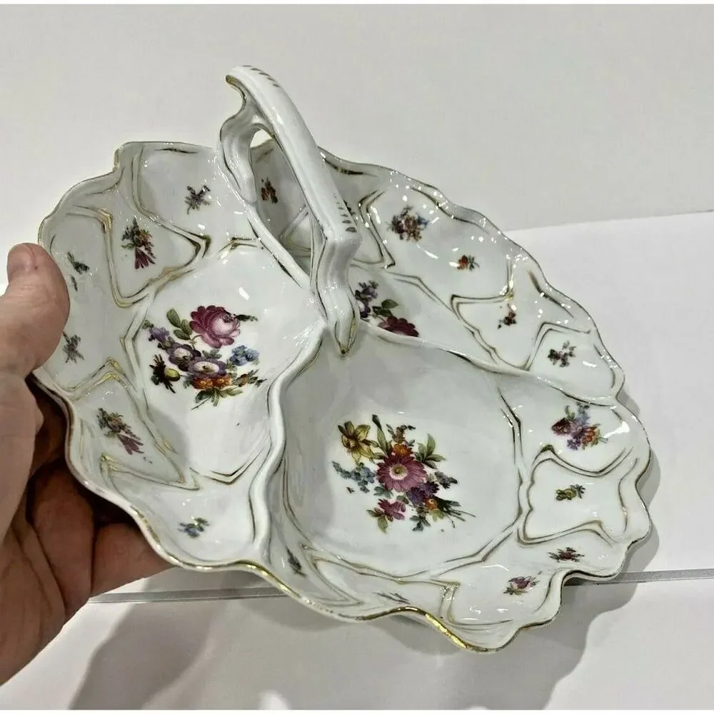 Vintage porcelain center handle server bowl 3-part vegie display white & floral